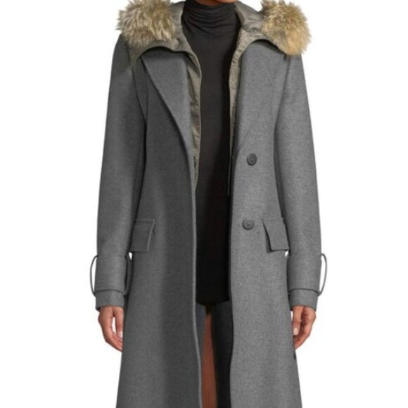 BELSTAFF ENGLAND WOMEN'S GRAY VIRGIN WOOL COAT REMOVABLE FUR COLLAR ITALY - Picture 3 of 16